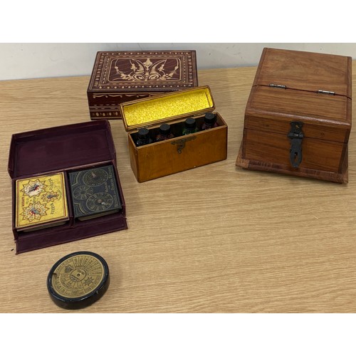 66 - Selection of wooden items to include wooden jewellery box, inlaid decorative box, game etc