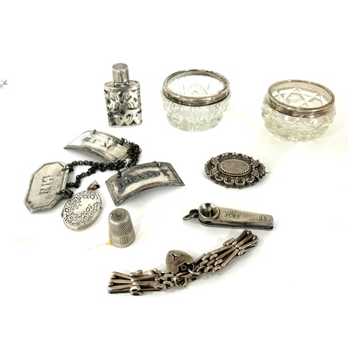 483 - Selection of silver pieces to include drink labels, silver rimmed pots, gate bracelet, art nouveau s... 