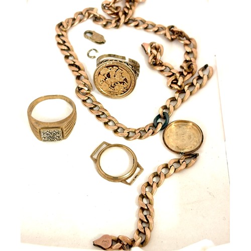 454 - Selection of 9ct gold pieces to include a broken chain, 2 rings, (1 has been cut) total weight: 31g