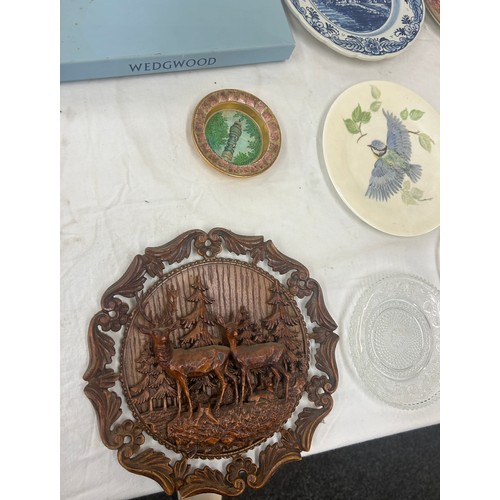 295 - Selection of vintage and later collectors plates to include oriental, wooden carved, Wedgwood