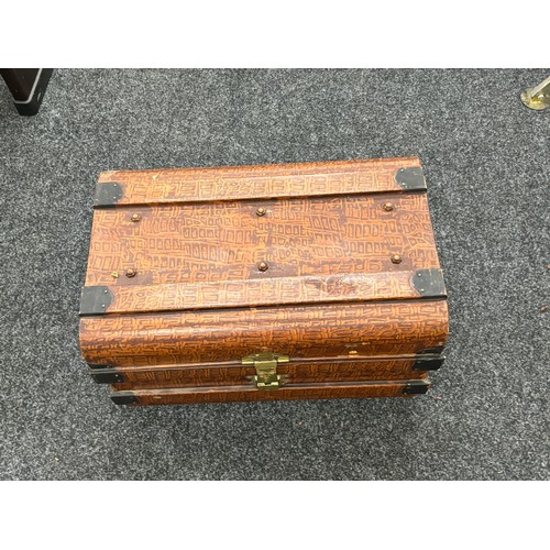 335 - Tin brass handled travel trunk 16 inches wide 16 inches tall