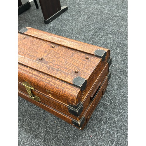 335 - Tin brass handled travel trunk 16 inches wide 16 inches tall