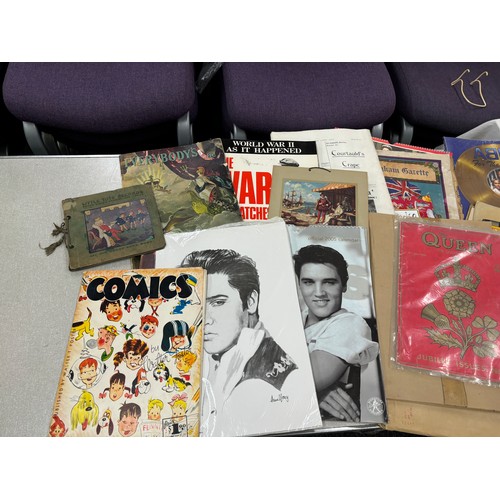 301 - Large selection of commemorative ware includes magazines, ephemera includes comics, Elvis presley et... 