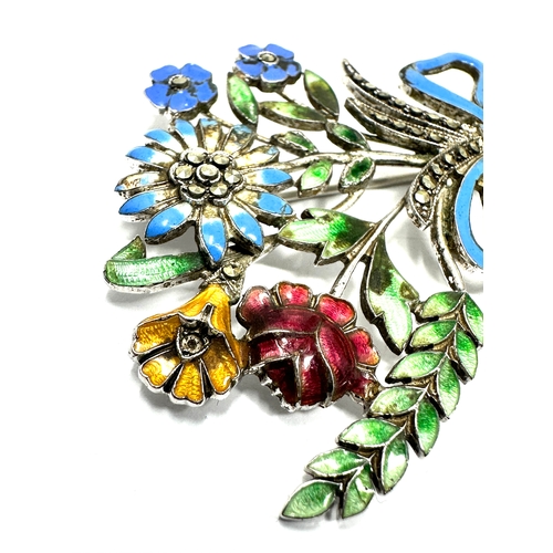 277 - Large vintage sterling silver marcasite & enamel floral brooch measures approx 6.5cm