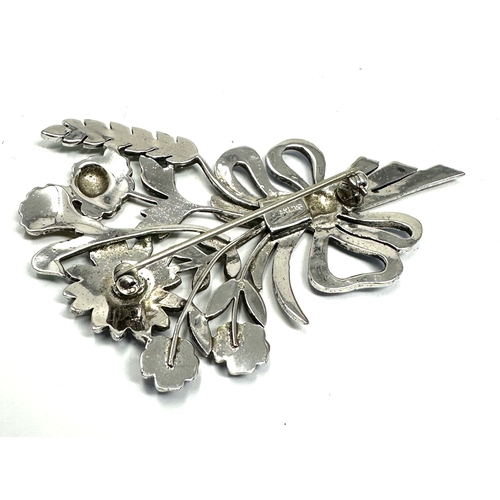 277 - Large vintage sterling silver marcasite & enamel floral brooch measures approx 6.5cm