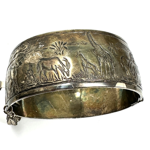 278 - Vintage silver cuff bangle by simba africa with african animals design signed measures approx 2.8cm ... 