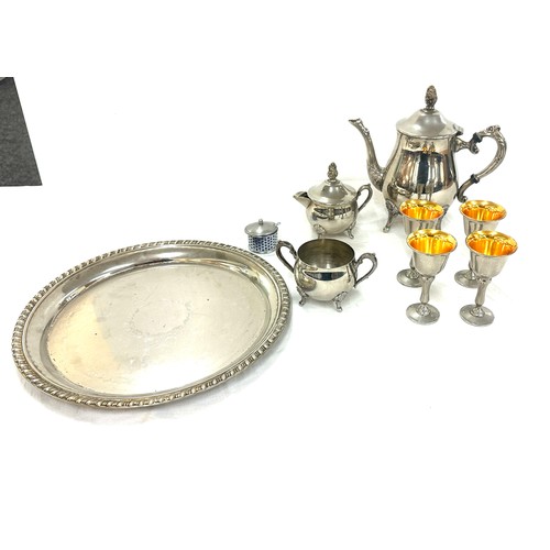 69 - Selection of silver plated items to include tea pot, tray, small goblets etc