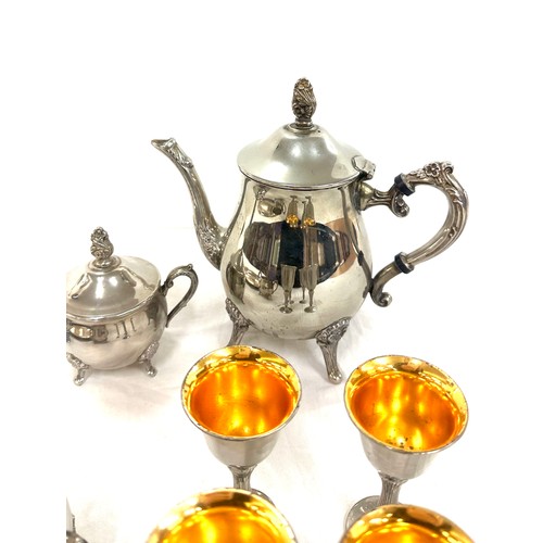 69 - Selection of silver plated items to include tea pot, tray, small goblets etc