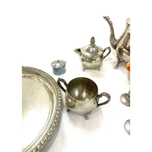 69 - Selection of silver plated items to include tea pot, tray, small goblets etc