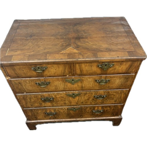 359 - Bur walnut antique 2 over 3 chest, some veneer missing as seen in images approximate measurements: D... 