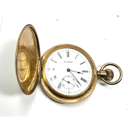 497 - gold plated waltham full hunter pocket watch case measures approx 42mm balance spins freely when sha... 