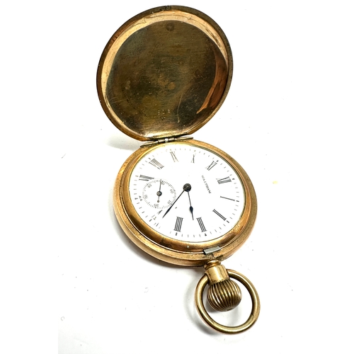 497 - gold plated waltham full hunter pocket watch case measures approx 42mm balance spins freely when sha... 