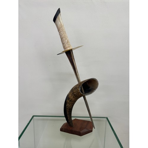 540 - ornamental horn dagger on horn on stand, approximate measurements: Height 20 inches