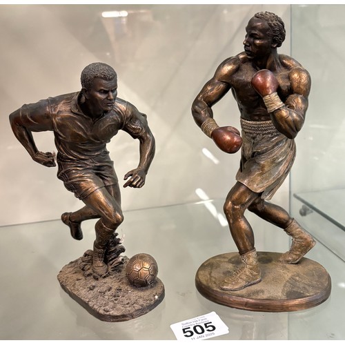 505 - Two sporting ornaments, to include football and boxing figures tallest measures approximately 9 inch... 