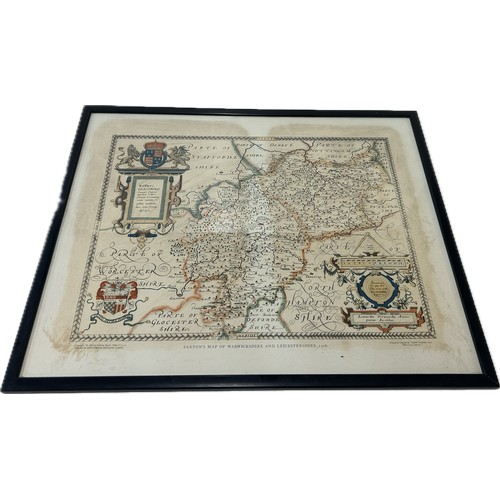 18 - Framed Saxons map of Warwickshire Leicester measures approximately 26 inches wide 21 inches long