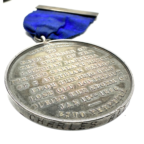 445 - Rare 1866 gallantry lifeboat medal named to charles allerton to the members of the lifeboat laetitia... 