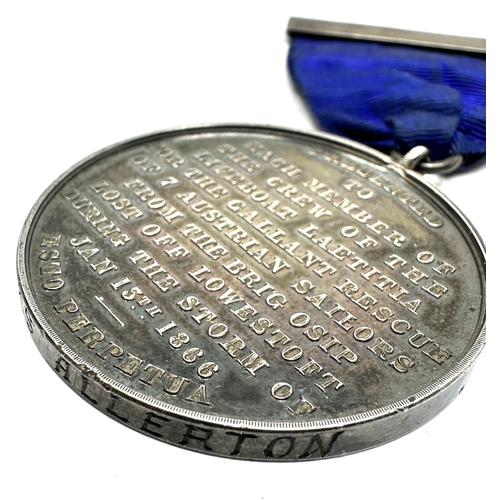 445 - Rare 1866 gallantry lifeboat medal named to charles allerton to the members of the lifeboat laetitia... 