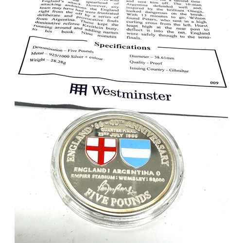 398 - The england coin collection silver proof england v argentina five pound with c.o.a