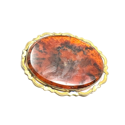 97 - Large Antique yellow metal moss agate brooch measures approx 63mm by 48mm