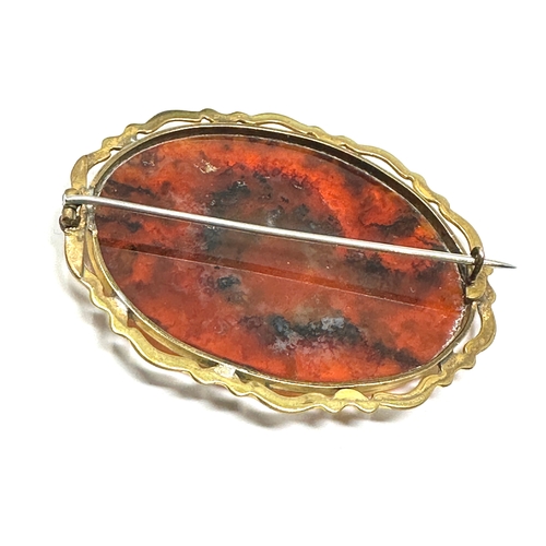 97 - Large Antique yellow metal moss agate brooch measures approx 63mm by 48mm