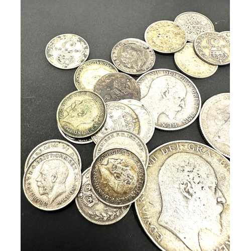 453 - selection of silver coins inc half crown florin shillings & 2 enamel coins weight 84g ic pre 1920 & ... 