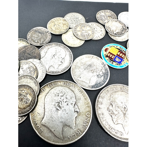 453 - selection of silver coins inc half crown florin shillings & 2 enamel coins weight 84g ic pre 1920 & ... 