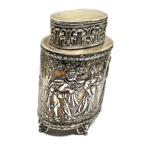 2 - Fine silver scenic embossed tea caddy measures approx height 12cm weight 150g