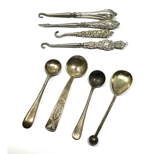 25 - 4 silver salt spoons & small silver handle nail & button hooks