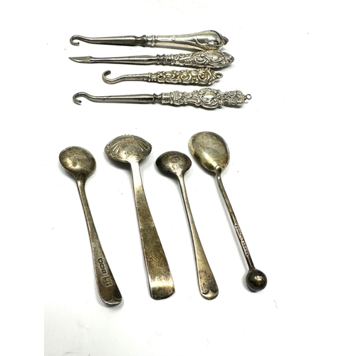 25 - 4 silver salt spoons & small silver handle nail & button hooks