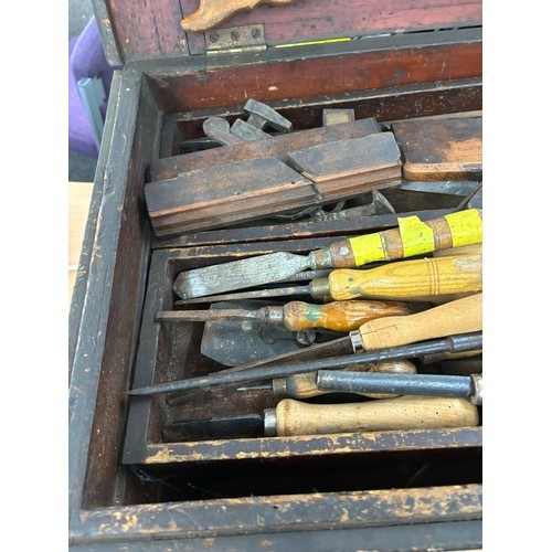 331 - Vintage wood tool trunk, measures approximately 15 inches tall 30 inches wide 18 inches depth