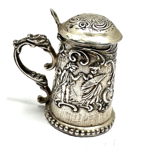 31 - Antique dutch silver miniature lidded tankard measures approx 4.5cm