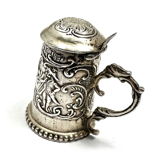 31 - Antique dutch silver miniature lidded tankard measures approx 4.5cm