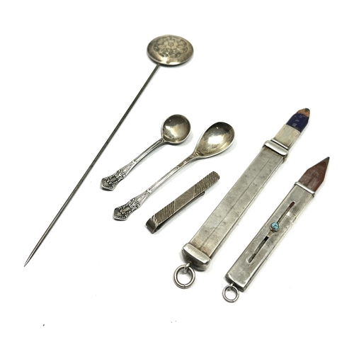 36 - selection of vintage silver items inc salt spoons pencils & hat pin etc