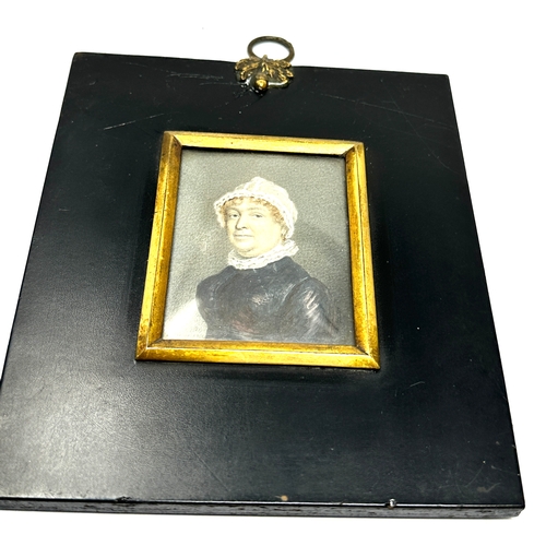 497 - 18ct century miniature painting of a woman in white bonnet in black frame details on back picture me... 