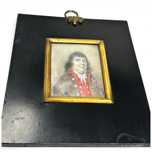 498 - 18ct century miniature painting in black frame details on back picture measures approx 7.5cm by 6.2c... 