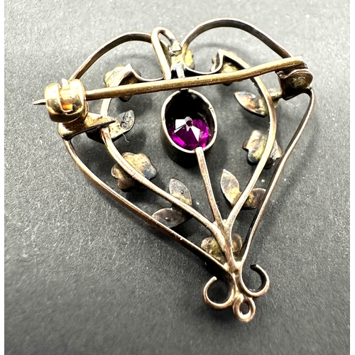 109 - Antique amethyst & seed-pearl pendant brooch measures approx 3cm drop by 2.6cm weight 3.1g