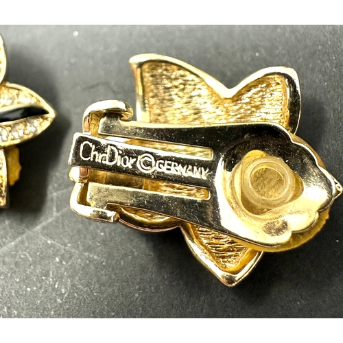 110 - 1980s Christian Dior Germany Gold Plated Black Enamel Diamanté Clip On Earrings