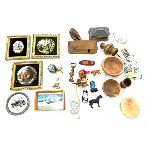 111 - Selection of collectables includes Framed pot lid, wooden items etc