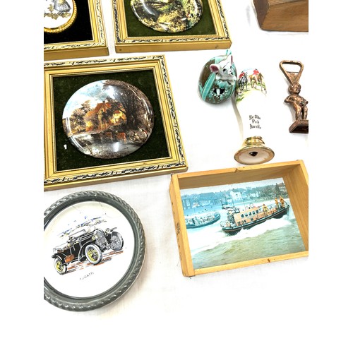 111 - Selection of collectables includes Framed pot lid, wooden items etc