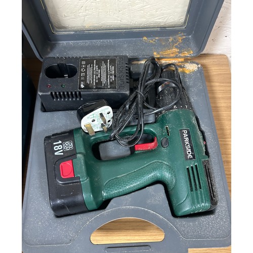 327 - Cased b/w grinder, black and decker heat gun, cased parkside 18w cordless drill, working order