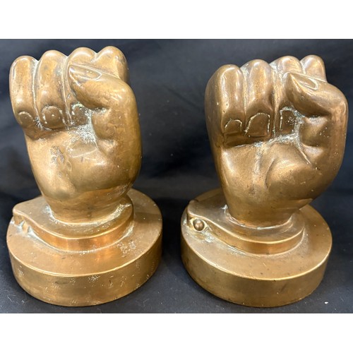 103 - Pair solid brass solidarity fists, possible trench art approximate height 5 inches, combined weight ... 