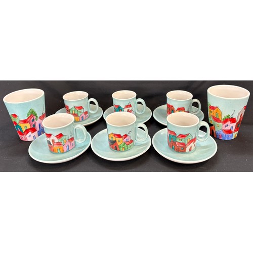 77 - Set 6 hand painted Spanish cups and saucers together with 2 matching beakers