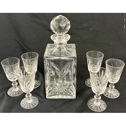 594 - Cut glass decanter with 6 matching sherry glasses