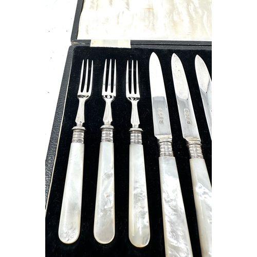 16 - Boxed set of 6 antique silver blade & mother of pearl handle knives & forks sheffield silver hallmar... 