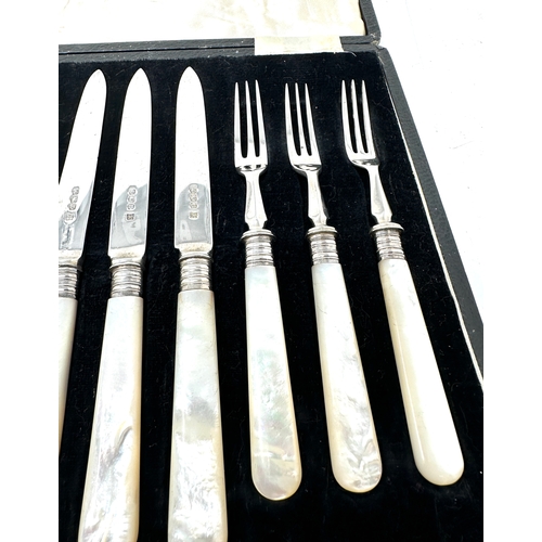 16 - Boxed set of 6 antique silver blade & mother of pearl handle knives & forks sheffield silver hallmar... 