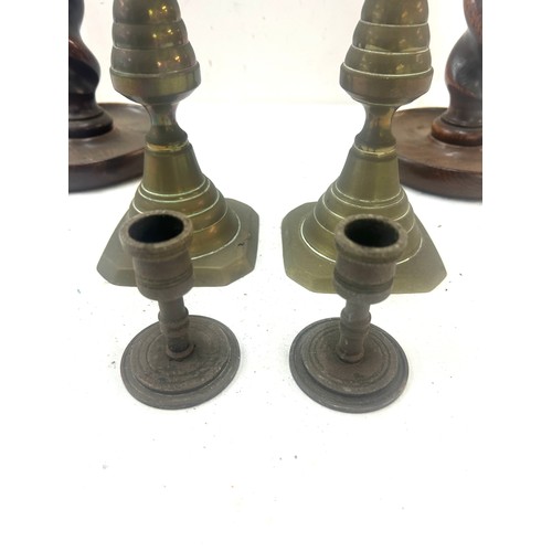 81 - Pair wooden antique barley twist candlesticks, 2 pairs of vintage brass candle sticks, tallest candl... 