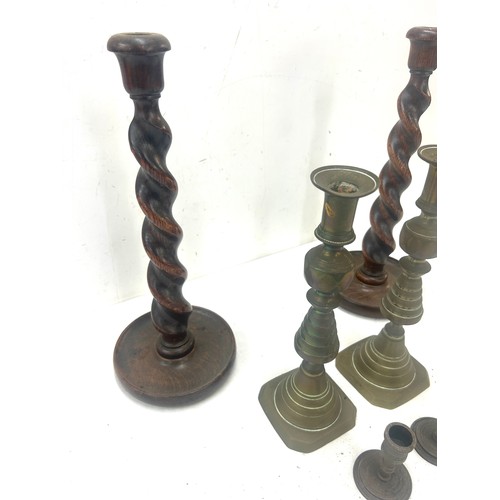 81 - Pair wooden antique barley twist candlesticks, 2 pairs of vintage brass candle sticks, tallest candl... 