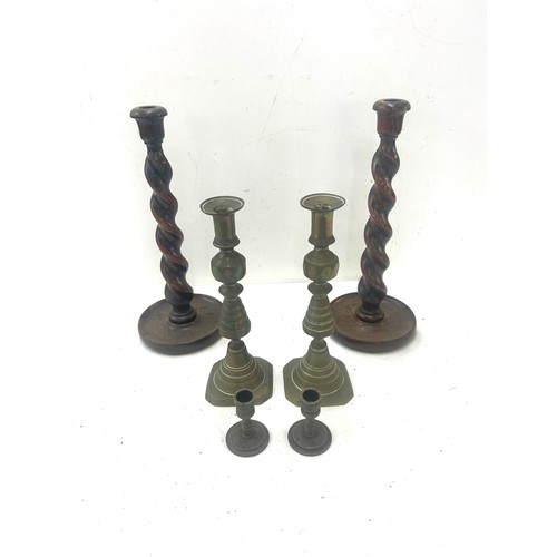 81 - Pair wooden antique barley twist candlesticks, 2 pairs of vintage brass candle sticks, tallest candl... 