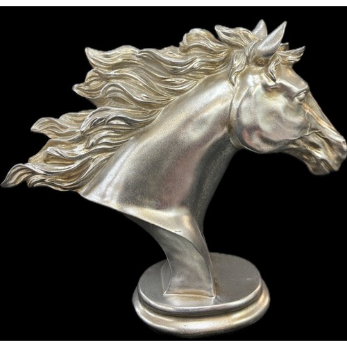 91 - Silver resin horses head, approximate height 18 inches