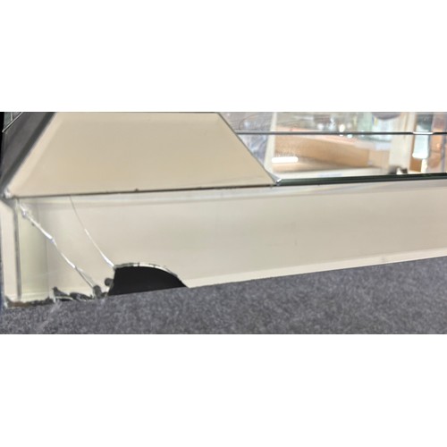 316 - Mirrored glass panel detailed coffee table with  glass base, some damage as seen in image, approxima... 